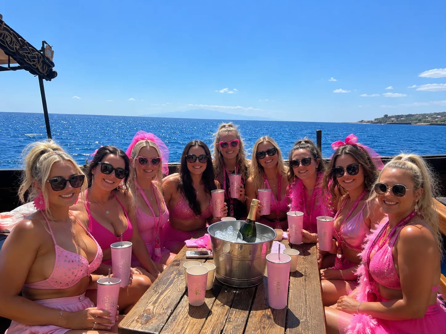 Group photo of friends onboard